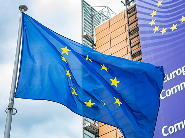 european flag next to european commission building in Brussels